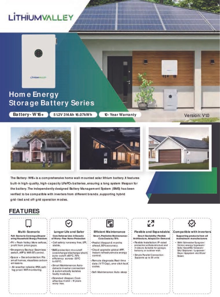 W16+ datasheet cover showing the home energy storage battery