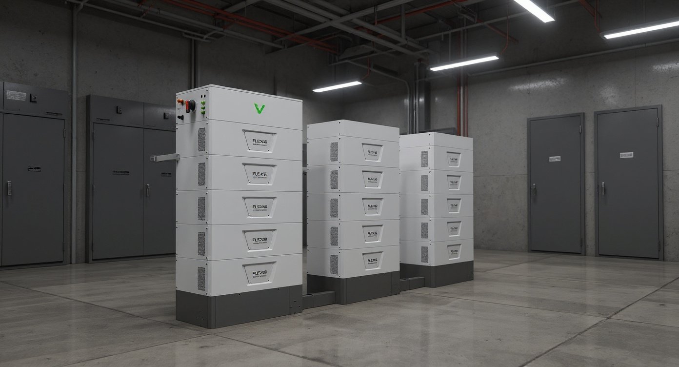 Wide three-quarter view of the indoor air-cooled battery cabinet in an electrical switchgear room, with gray electrical panels and cable trays in the background under cool fluorescent lighting.