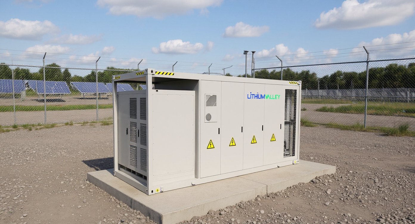 Containerized commercial and industrial energy storage system outdoors next to solar panels in a fenced gravel yard under daylight.