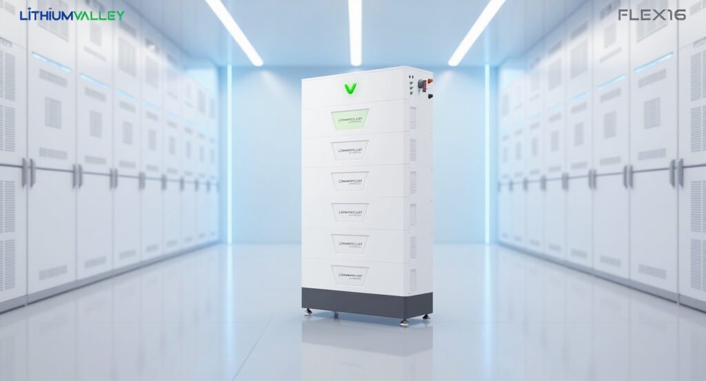 Large high-voltage LiFePO4 ESS cabinet in a bright white data center hall with server racks.