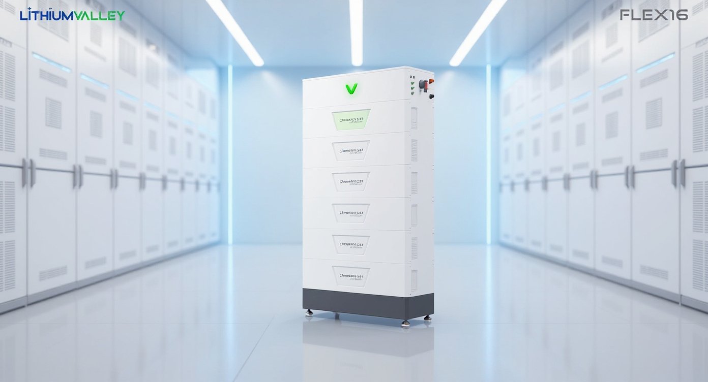 Large high-voltage LiFePO4 ESS cabinet in a bright white data center hall with server racks.