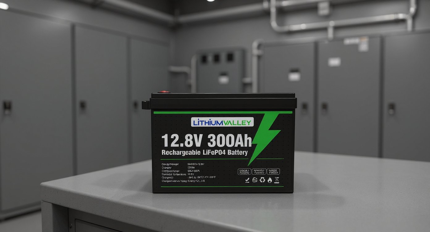 12.8V 300AH deep-cycle lithium battery placed on a metal workbench in an electrical switchgear room with gray cabinets behind.