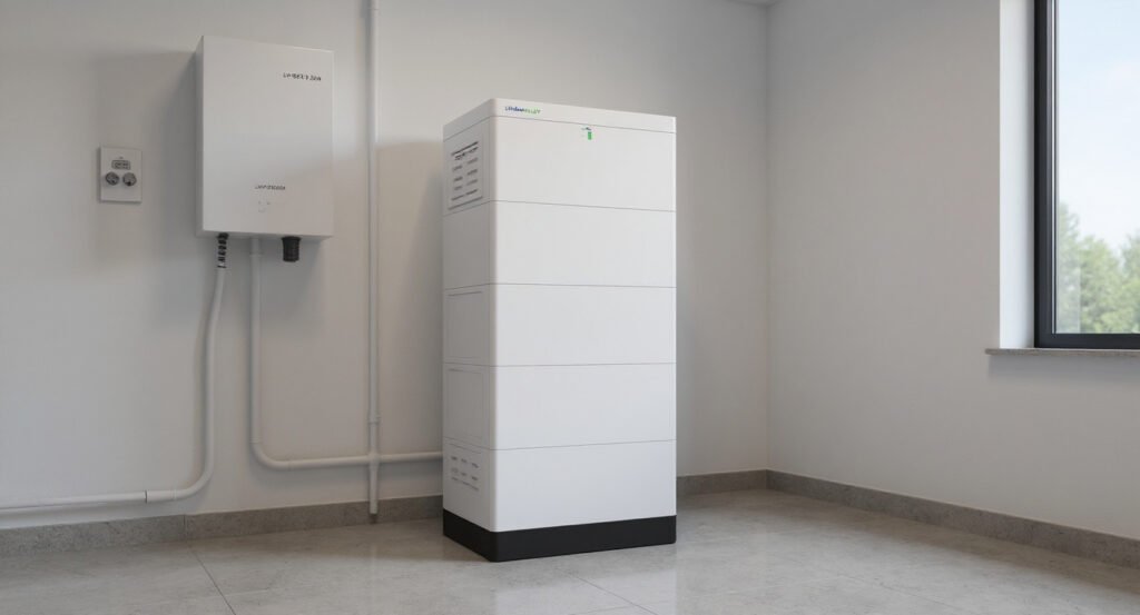 LV-BST-H5.12Aa battery stack in a modern residential utility room next to a wall-mounted inverter and electrical panel.