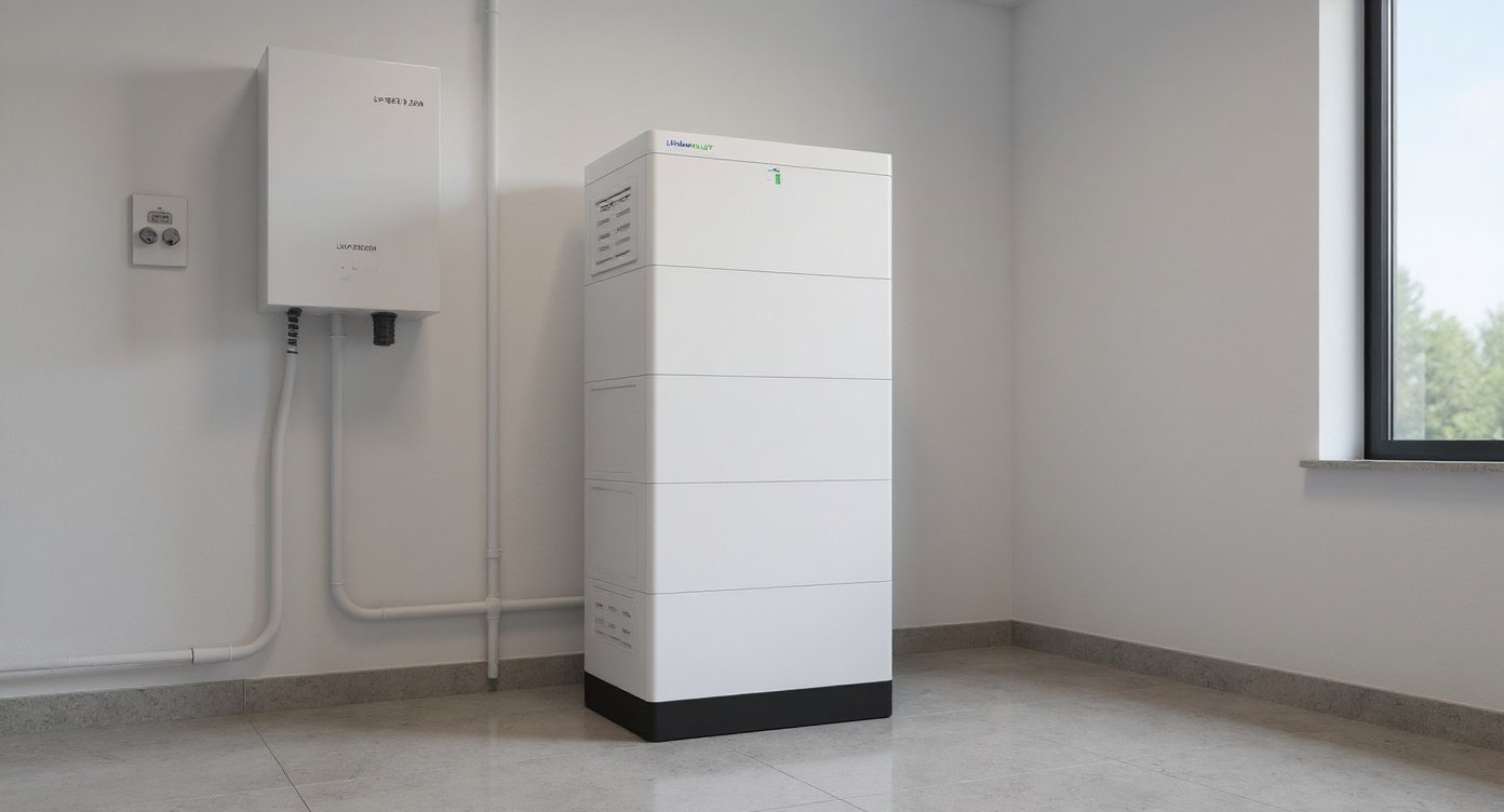 LV-BST-H5.12Aa battery stack in a modern residential utility room next to a wall-mounted inverter and electrical panel.