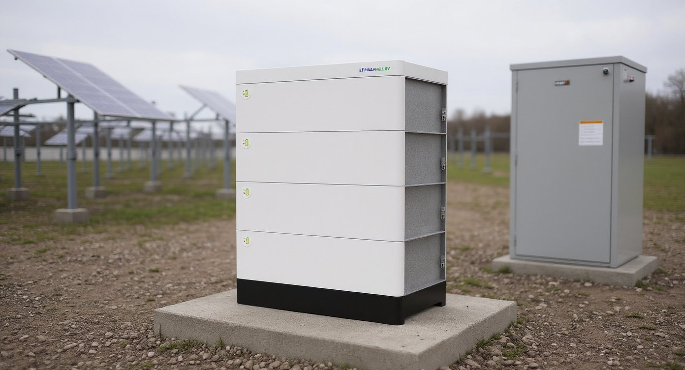 Stackable battery unit installed on a concrete pad in an outdoor solar-plus-storage yard, wide three-quarter view under overcast daylight.