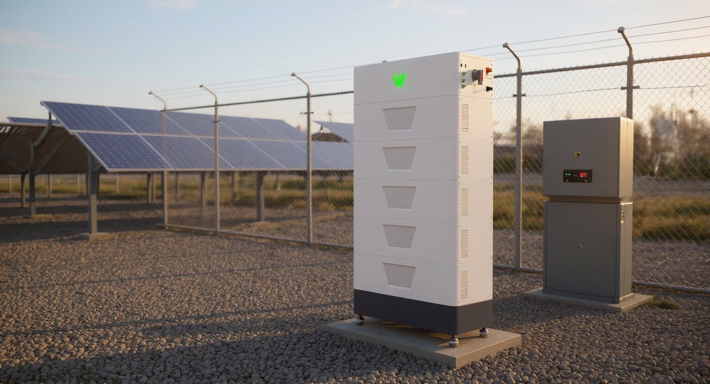 Industrial off-grid battery backup system with modular battery cabinets installed in a solar-plus-storage yard beside ground-mount solar panels.