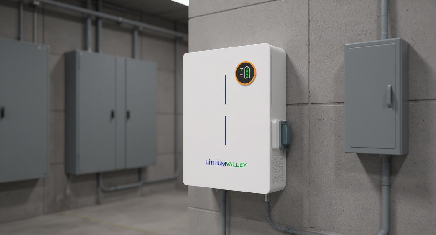 LV-BAT-W2.56Ac wall-mounted battery in an electrical switchgear room.