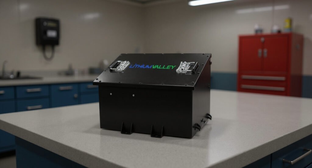LV48100 battery on a workbench in a golf cart service workshop.