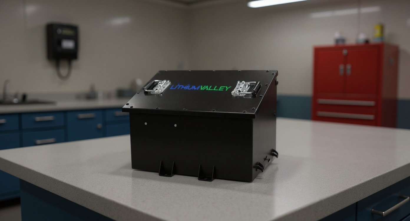 LV48100 battery on a workbench in a golf cart service workshop.
