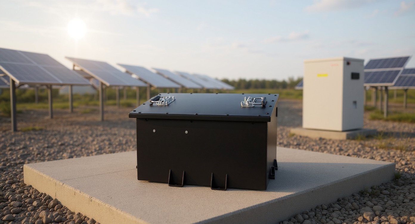 LV4860 lithium battery placed on a concrete pad in a solar installation yard with solar panels and inverter cabinets.