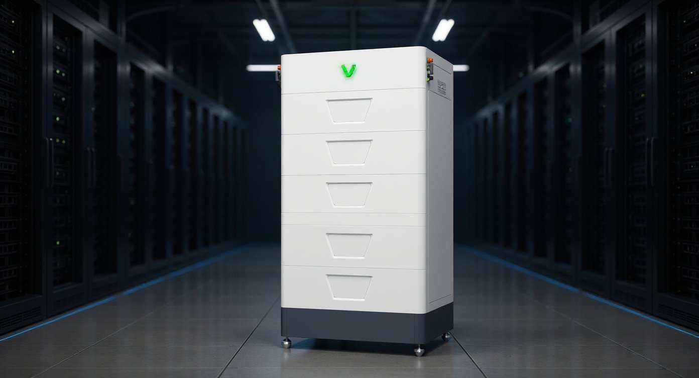 High-voltage modular battery energy storage cabinets in a data center server hall, aligned at the end of a server row.