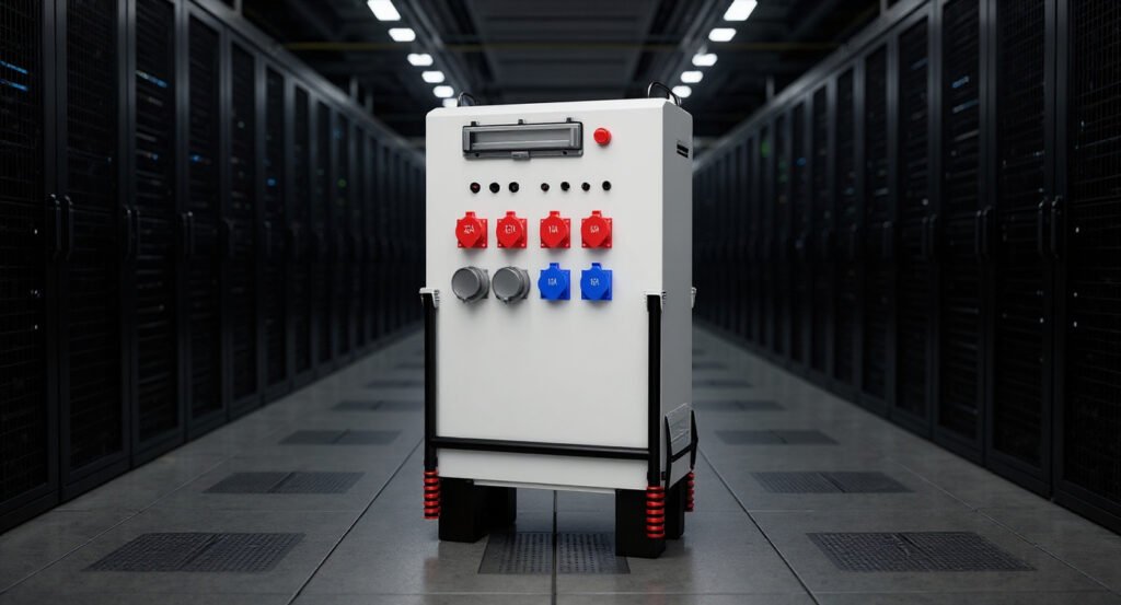 Mobile energy storage system positioned in a data center aisle between server racks, cool ambient lighting.
