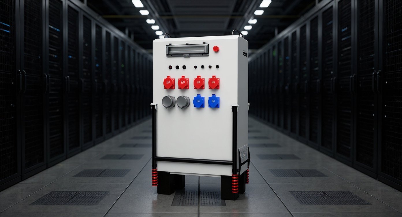 Mobile energy storage system positioned in a data center aisle between server racks, cool ambient lighting.