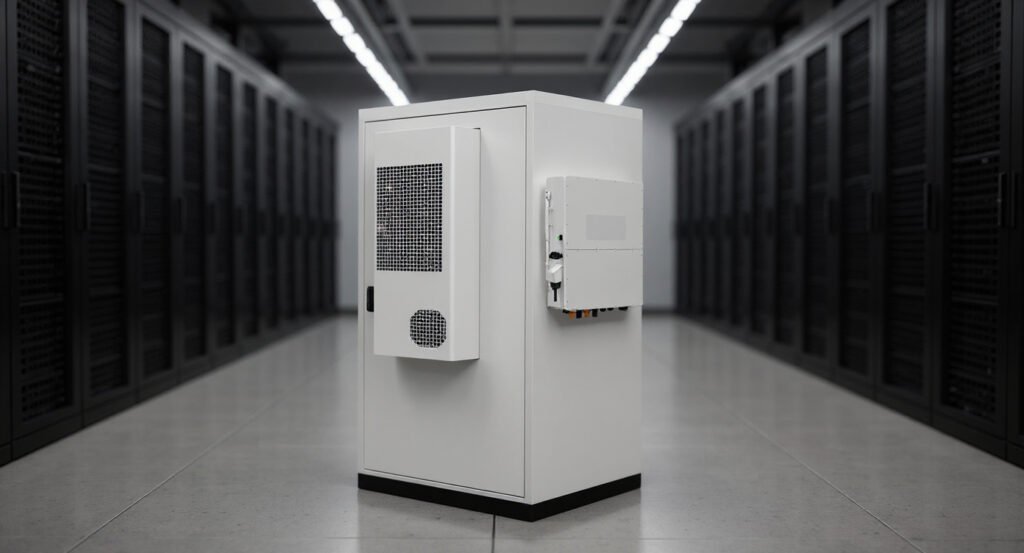 SafecubeA100A50PT industrial battery cabinet in a data center server hall.