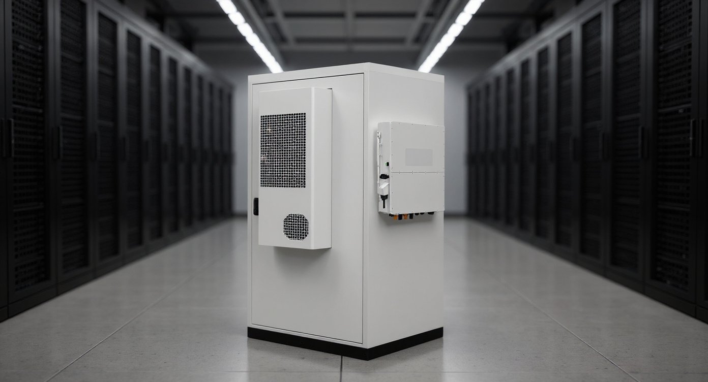 SafecubeA100A50PT industrial battery cabinet in a data center server hall.