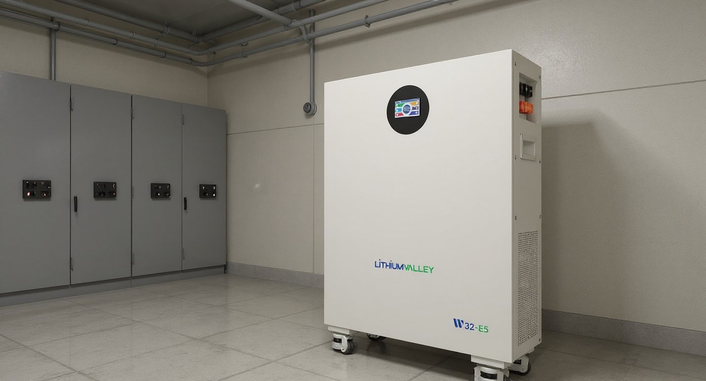 W32-E5 Home Energy Storage Battery wall-mounted in a clean electrical switchgear room with cable trays and distribution panels