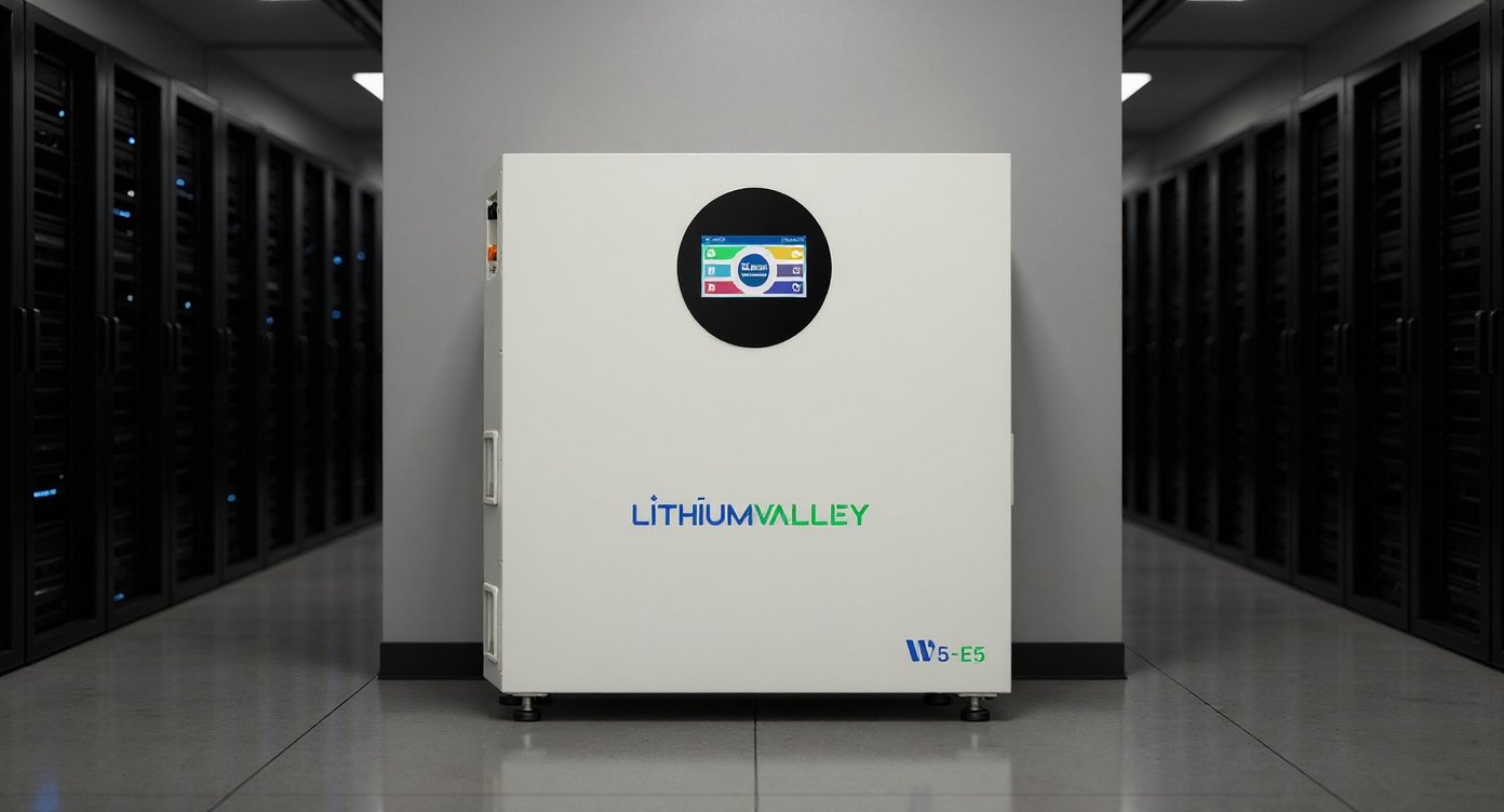 Wall-mounted home energy storage battery displayed at the end of a data center server aisle with rows of black server racks on both sides.