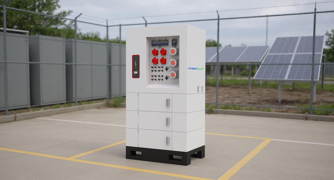 Mobile energy storage system on a concrete pad in an outdoor commercial yard with electrical cabinets and solar panels under overcast daylight.
