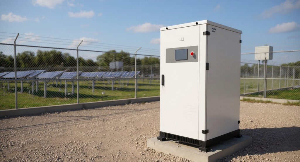 Integrated Energy Storage Cabinet installed in a solar farm yard with solar panels and inverter station under midday sun