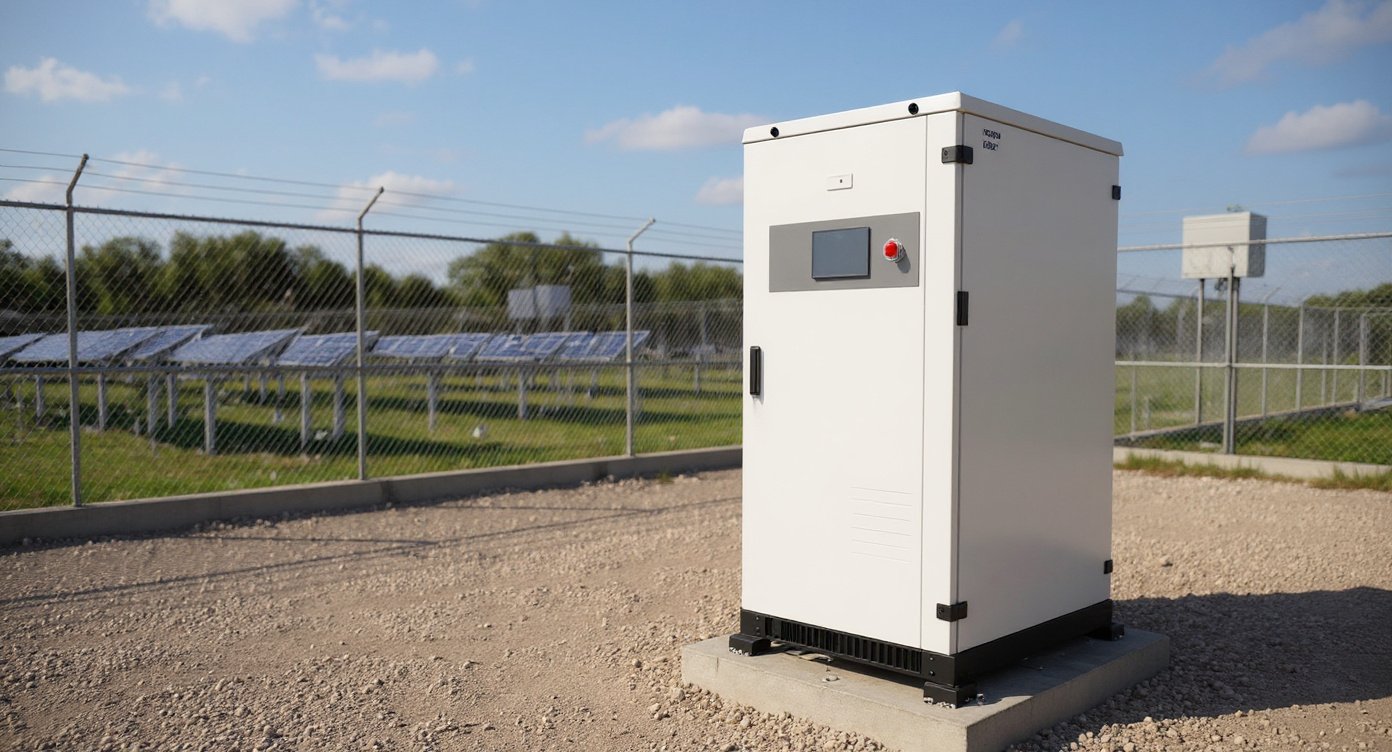 Integrated Energy Storage Cabinet installed in a solar farm yard with solar panels and inverter station under midday sun