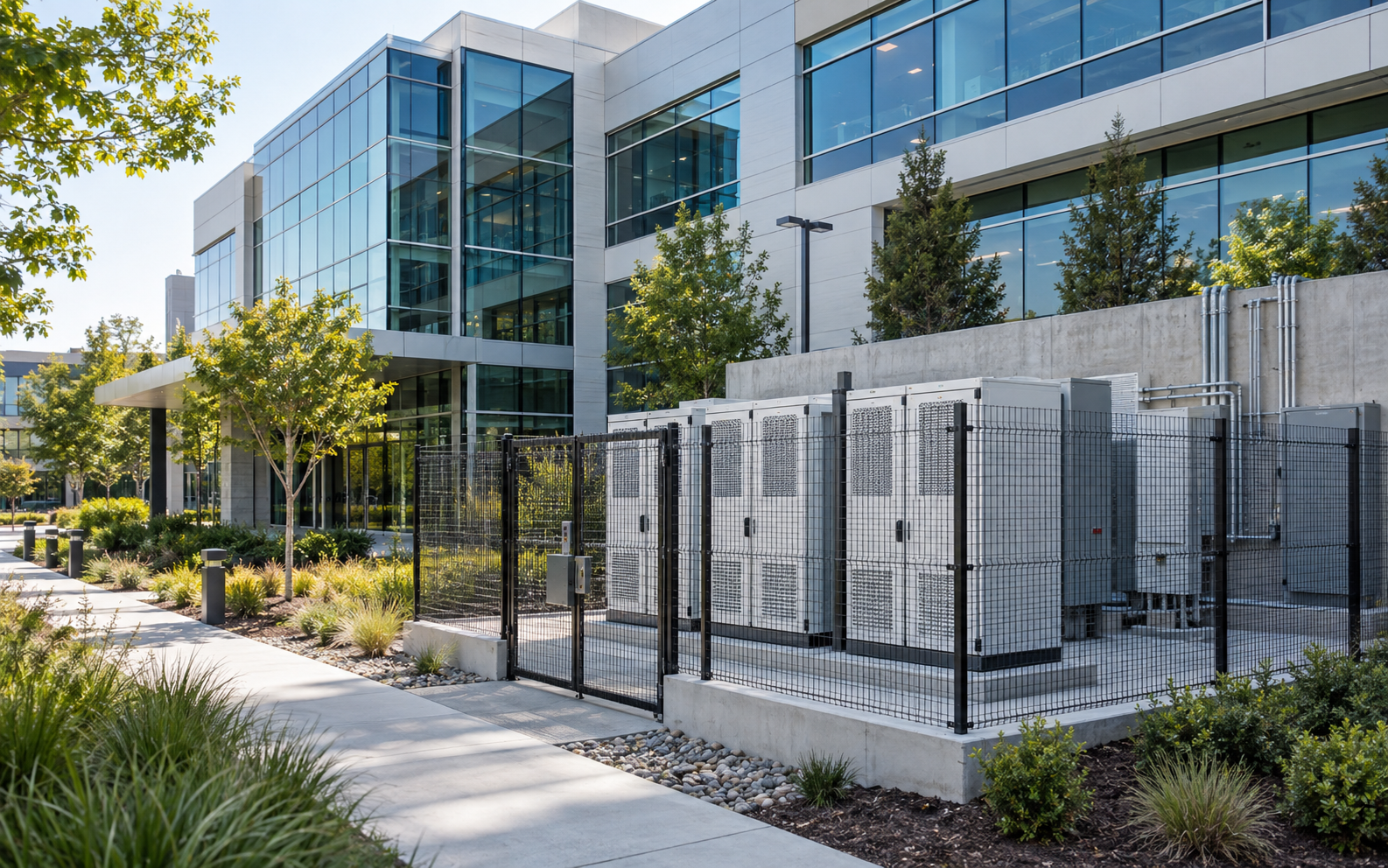Concept image of battery backup cabinets beside a commercial building.