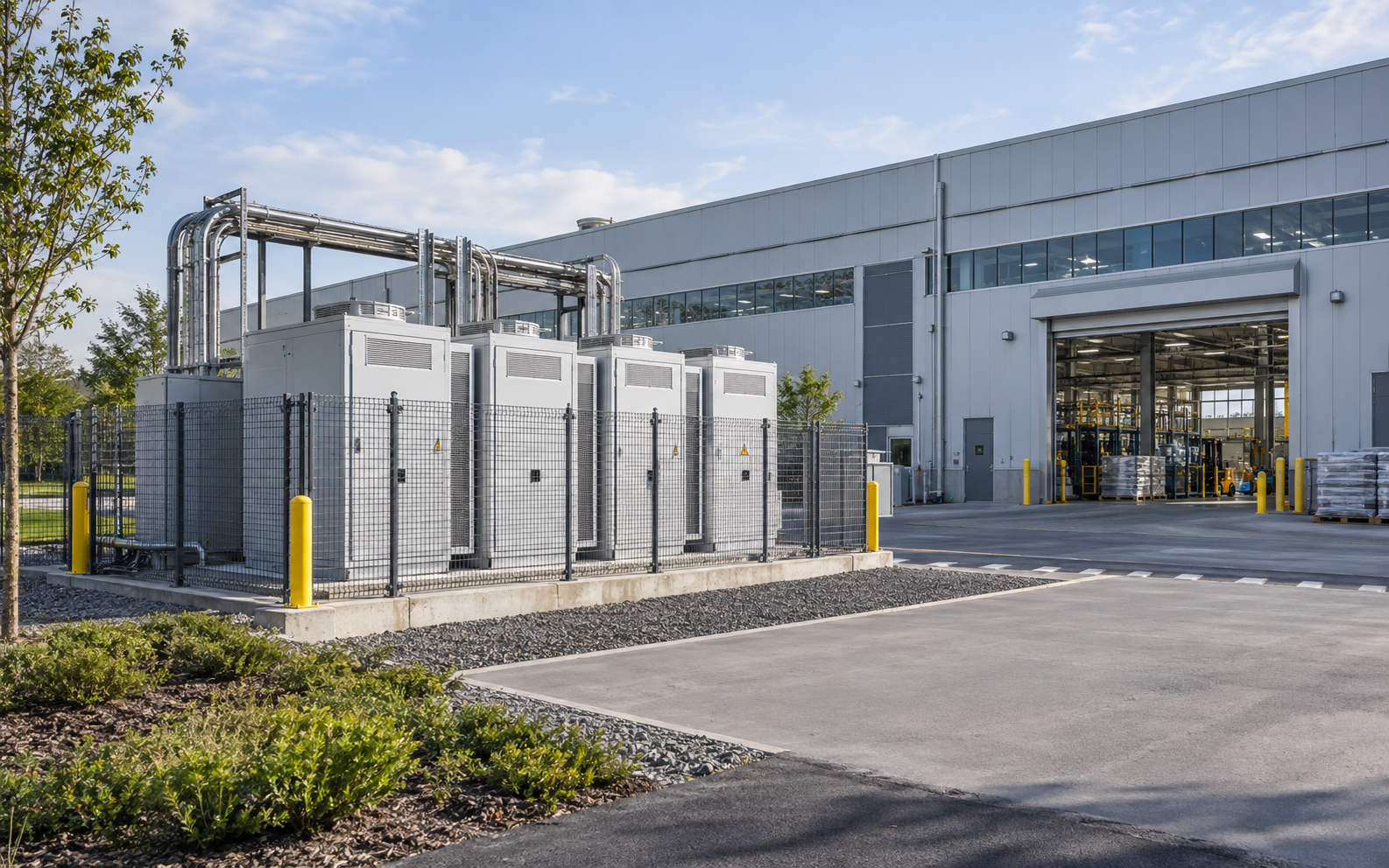 Concept image of battery storage cabinets supporting factory energy management.