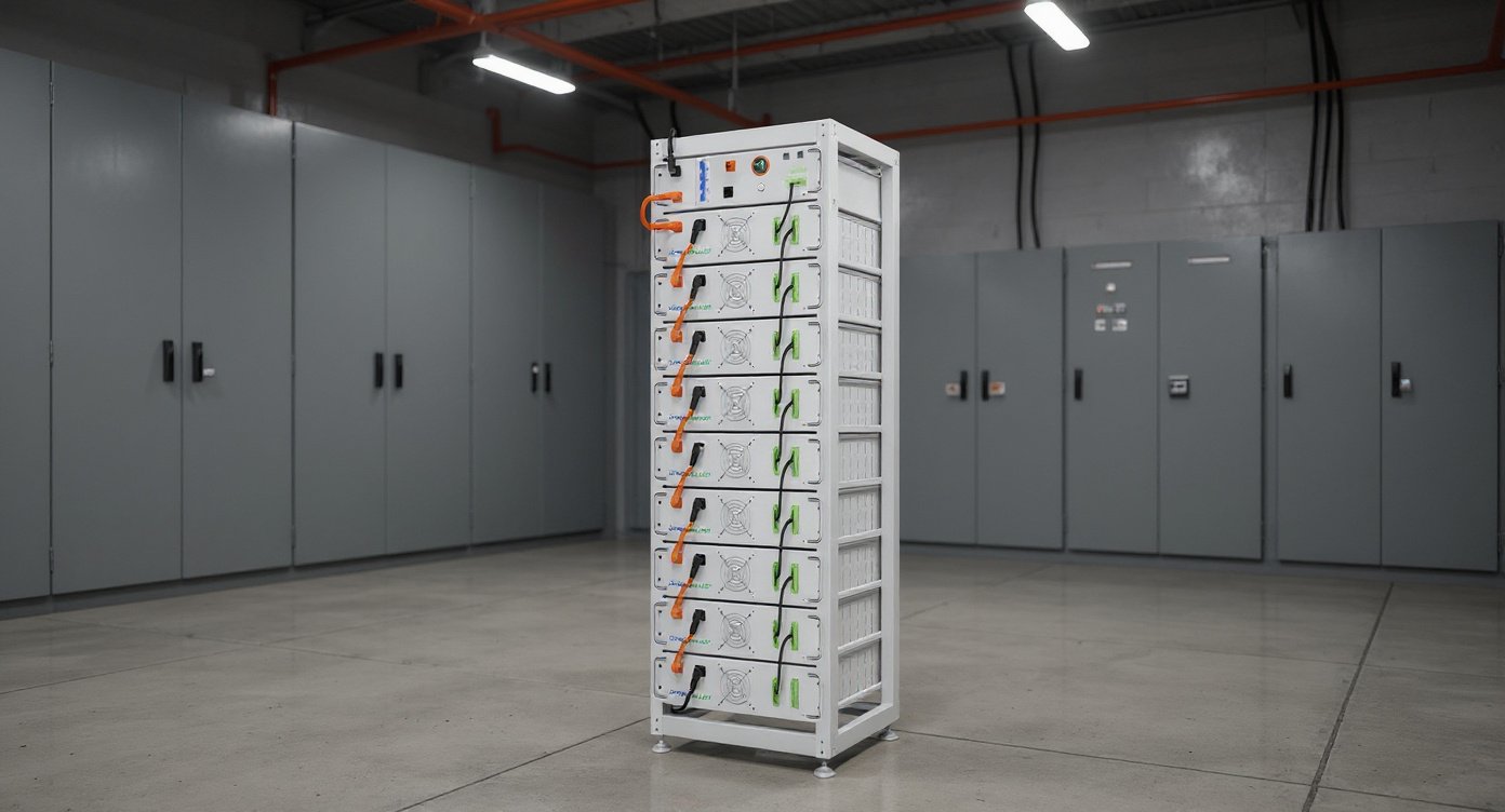 LV-IESS-Hx_RH5.12x 50kWh indoor rack-mounted battery cabinet in an electrical switchgear room, medium three-quarter view, cool even lighting.