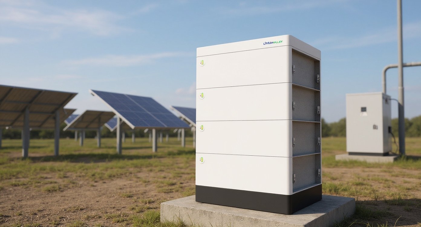 LV-BST-L2.56Aa stackable battery on a concrete plinth in a solar yard with ground-mounted panels and an inverter cabinet
