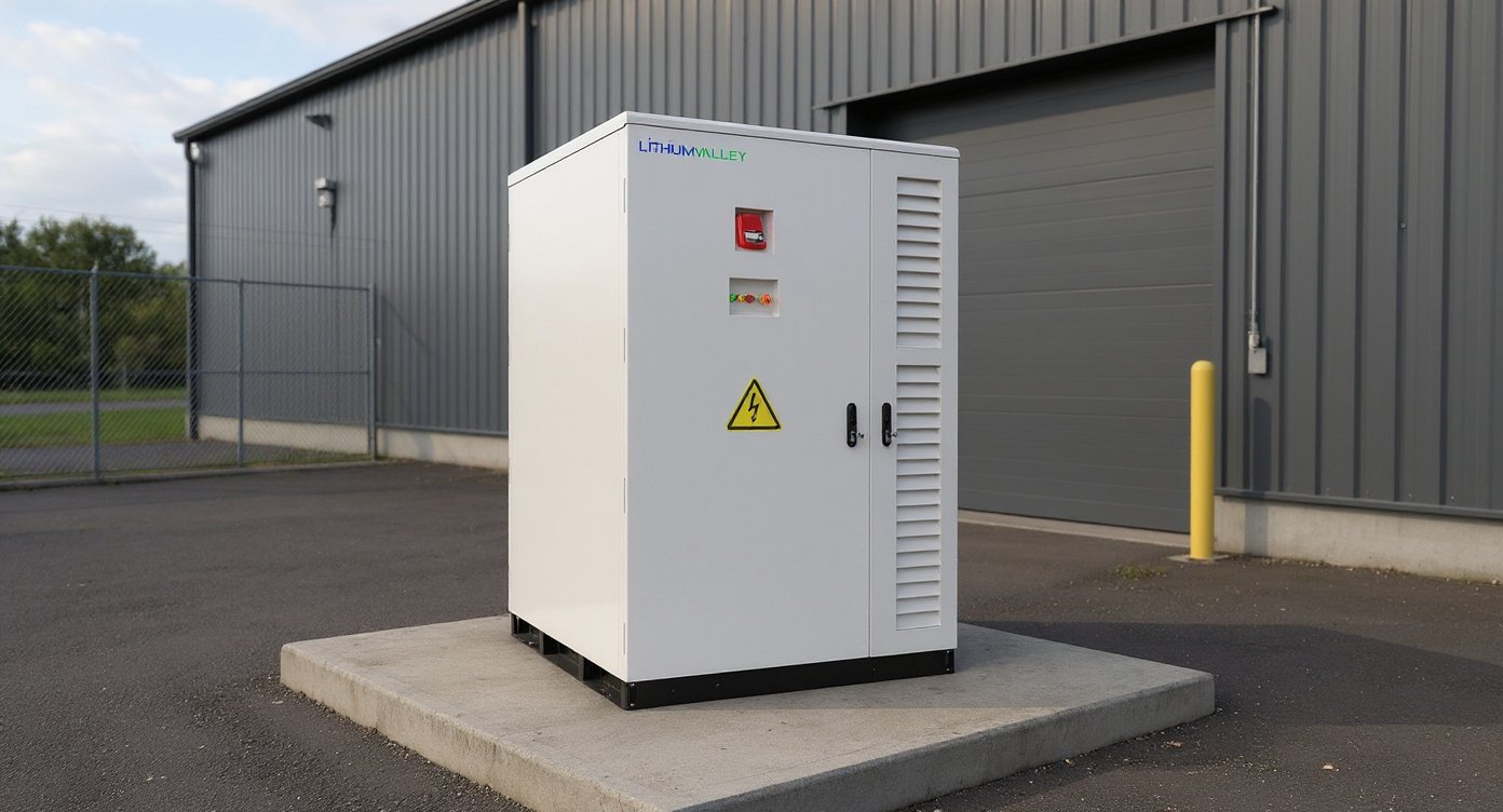 Outdoor C&I Cabinet with Built-in PCS installed on concrete pad beside warehouse under morning daylight