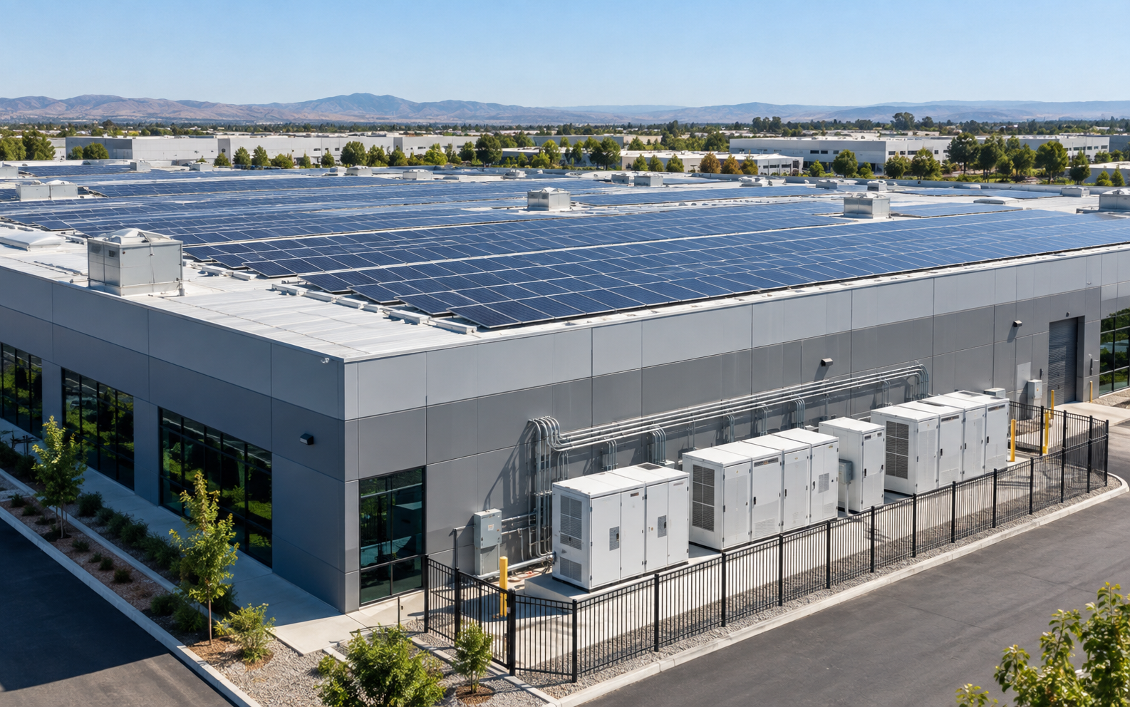Concept image of rooftop solar panels and battery storage cabinets at a commercial facility.