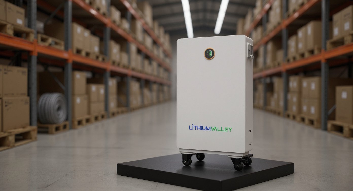W15-5A battery product in a clean industrial warehouse aisle with pallet racks and soft overhead lighting