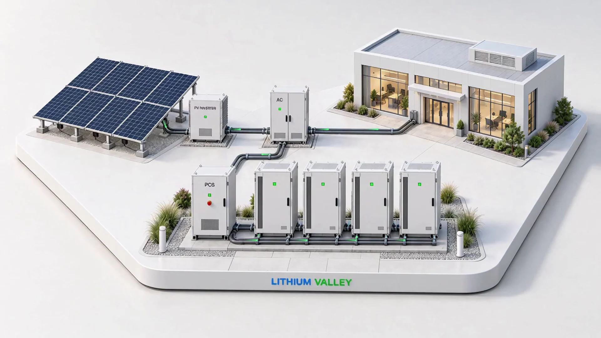 Solar panels, commercial battery storage and a Lithium Valley building