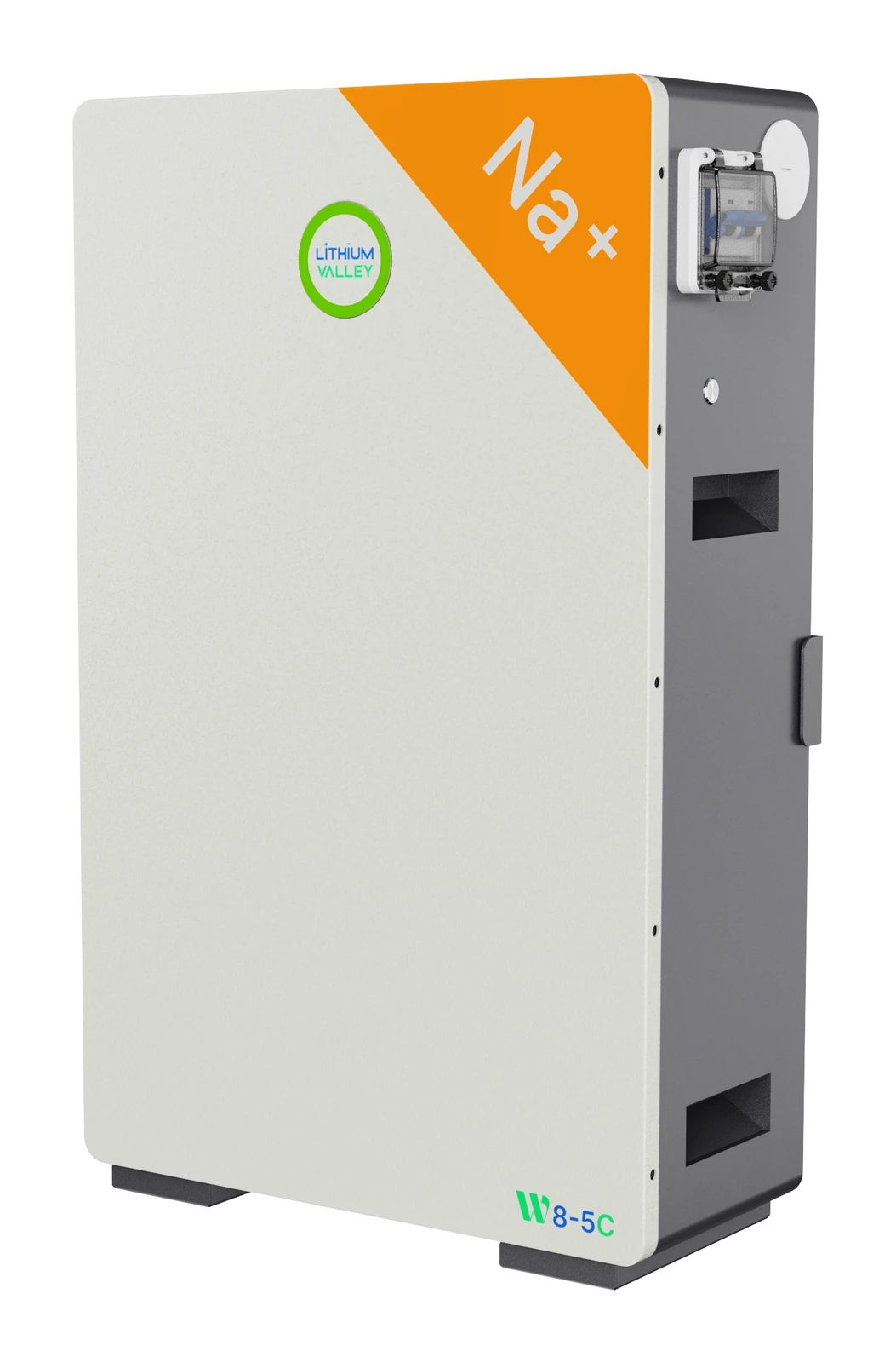 W8-5C 7.68 kWh sodium-ion battery with white housing and orange Na+ corner